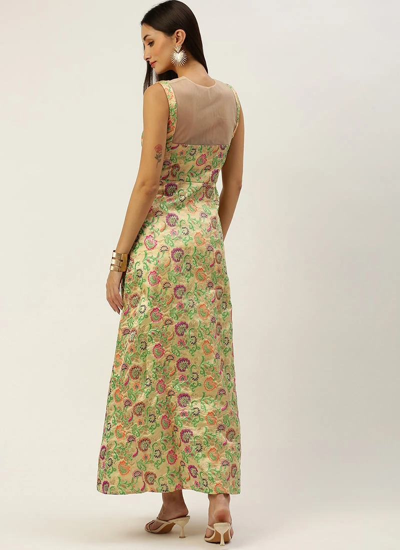 Beige Art Silk Jacquard Dress Festive Wear 4 Beige Art Silk Jacquard Dress Festive Wear - Image 4
