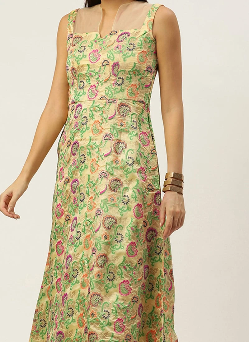 Beige Art Silk Jacquard Dress Festive Wear 1 Beige Art Silk Jacquard Dress Festive Wear