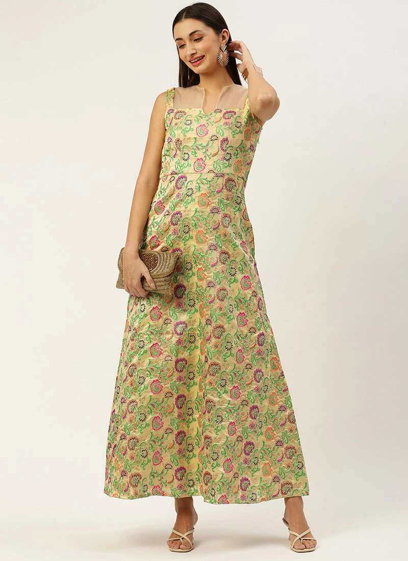 Beige Art Silk Jacquard Dress Festive Wear 3 Beige Art Silk Jacquard Dress Festive Wear - Image 3