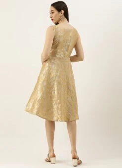 Beige Brocade Boat Neck Flared Dress Festive Wear -Indo Clothing Shop Beige Brocade Boat Neck Flared Dress DRBS02105387 b