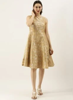 Beige Brocade Boat Neck Flared Dress Festive Wear -Indo Clothing Shop Beige Brocade Boat Neck Flared Dress DRBS02105387 u