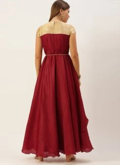 Beige Brocade N Maroon Satin Layered Gown Festive Wear -Indo Clothing Shop Beige Brocade N Maroon Satin Layered Gown IWBS02105367 b