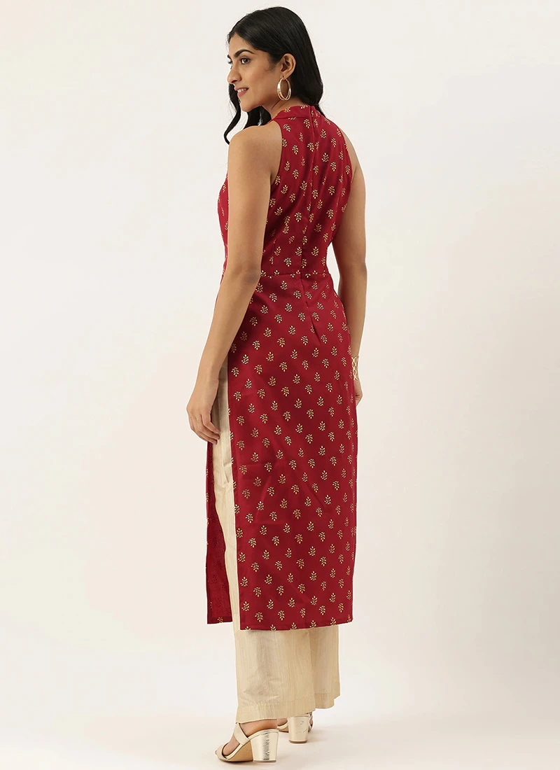 Beige N Maroon Printed Halter Neck Kurta Set Festive Wear 4 Beige N Maroon Printed Halter Neck Kurta Set Festive Wear - Image 4