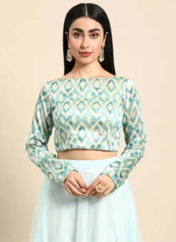 Beige N Sea Green Printed Boat Neck Blouse Festive Wear -Indo Clothing Shop Beige N Sea Green Printed Boat Neck Blouse BLBS02301967 u