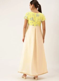Beige N Yellow Embroidered Pleated Dress Festive Wear -Indo Clothing Shop Beige N Yellow Embroidered Pleated Dress DRBS02108629 b