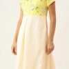 Beige N Yellow Embroidered Pleated Dress Festive Wear