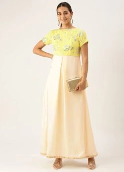 Beige N Yellow Embroidered Pleated Dress Festive Wear -Indo Clothing Shop Beige N Yellow Embroidered Pleated Dress DRBS02108629 u
