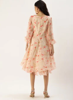 Beige Organza Ruffle Dress Party Wear -Indo Clothing Shop Beige Organza Ruffle Dress DRBS02203561 b