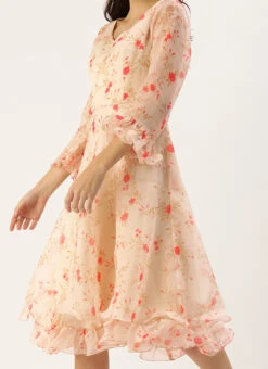 Beige Organza Ruffle Dress Party Wear