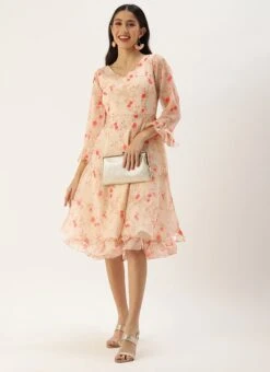 Beige Organza Ruffle Dress Party Wear -Indo Clothing Shop Beige Organza Ruffle Dress DRBS02203561 u