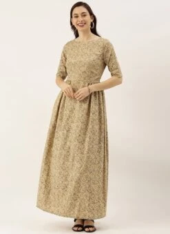 Beige Printed Rayon Boat Neck Maxi Dress After Six Wear -Indo Clothing Shop Beige Printed Rayon Boat Neck Maxi Dress DRBS02101821 u