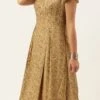 Beige Printed Rayon Calf Length Dress Work Wear