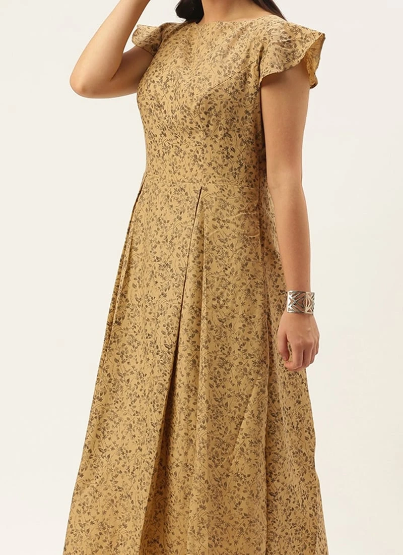 Beige Printed Rayon Calf Length Dress Work Wear 1 Beige Printed Rayon Calf Length Dress Work Wear