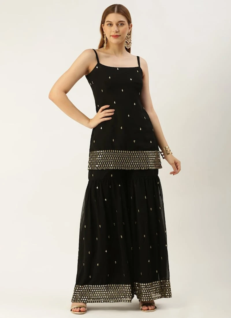 Top From Black Embroidered Georgette Gharara Set After Six Wear 3 Top From Black Embroidered Georgette Gharara Set After Six Wear - Image 3