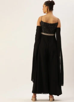 Black Embroidered Jumpsuit With Detachable Sleeve Festive Wear Party Wear -Indo Clothing Shop Black Embroidered Jumpsuit With Detachable Sleeve DRBS02211024 b