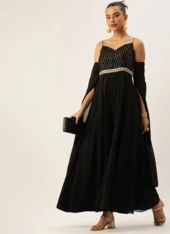 Black Embroidered Jumpsuit With Detachable Sleeve Festive Wear Party Wear -Indo Clothing Shop Black Embroidered Jumpsuit With Detachable Sleeve DRBS02211024 u