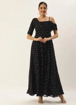 Black Embroidered One Shoulder Style Gown Party Wear -Indo Clothing Shop Black Embroidered One Shoulder Style Gown IWBS02305135 u