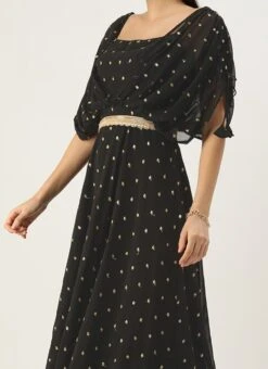 Black Georgette Embroidered Overlap Draped Gown Wedding Wear