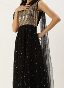 Black Net Embroidered One Shoulder Gown Party Wear