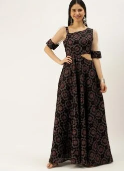 Black Printed Art Silk Gown Festive Wear -Indo Clothing Shop Black Printed Art Silk Gown IWBS02208431 u