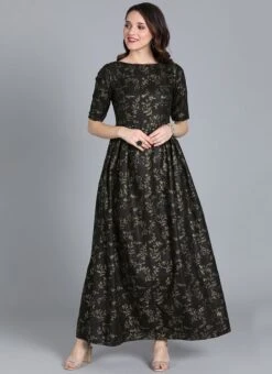 Black Printed Rayon Boat Neck Gown After Six Wear -Indo Clothing Shop Black Printed Rayon Boat Neck Gown IWBS01909988 u