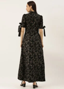 Black Printed Rayon High N Low Dress After Six Wear -Indo Clothing Shop Black Printed Rayon High N Low Dress DRBS02102845 b