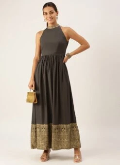Black Rayon Ankle Length Dress After Six Wear -Indo Clothing Shop Black Rayon Ankle Length Dress DRBS02108639 u