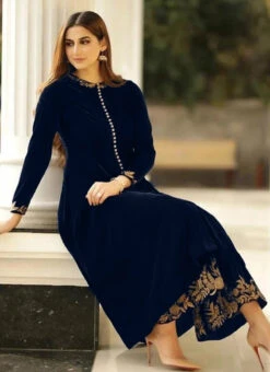 Black Velvet Kurta Palazzo Set Work Wear -Indo Clothing Shop Black Velvet Kurta Palazzo Set KRSDMF7325NY b