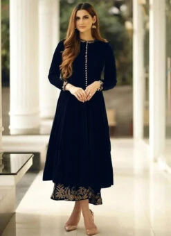 Black Velvet Kurta Palazzo Set Work Wear -Indo Clothing Shop Black Velvet Kurta Palazzo Set KRSDMF7325NY u
