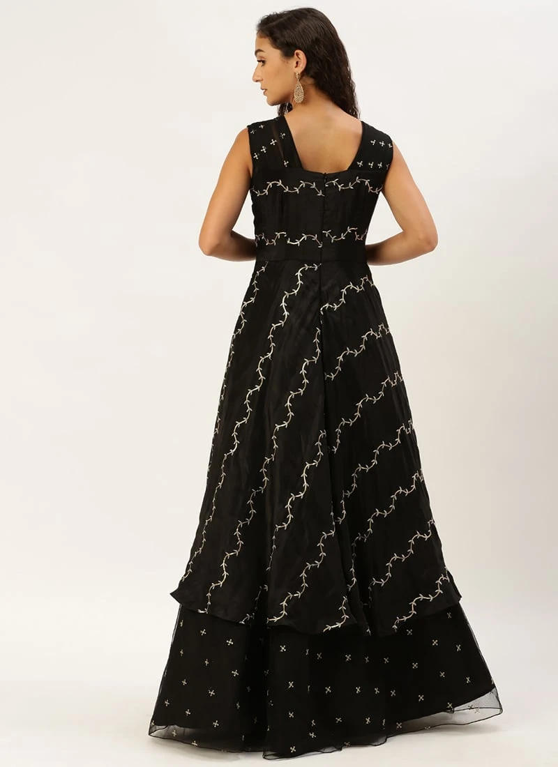 Black Viscose Embroidered Layered Gown Festive Wear 4 Black Viscose Embroidered Layered Gown Festive Wear - Image 4