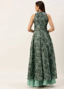Blue Art Silk Digital Printed Halter Neck Dress Festive Wear -Indo Clothing Shop Blue Art Silk Digital Printed Halter Neck Dress DRBS02210995 b