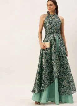 Blue Art Silk Digital Printed Halter Neck Dress Festive Wear -Indo Clothing Shop Blue Art Silk Digital Printed Halter Neck Dress DRBS02210995 u