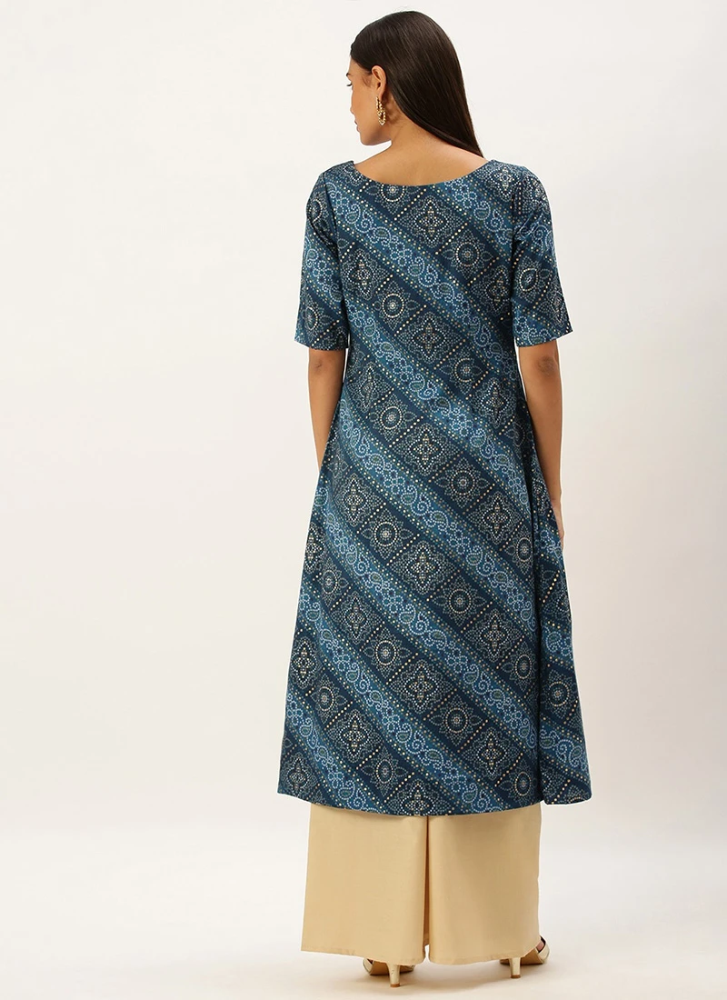 Blue Chanderi Art Silk A Line Kurta Set Festive Wear 4 Blue Chanderi Art Silk A Line Kurta Set Festive Wear - Image 4