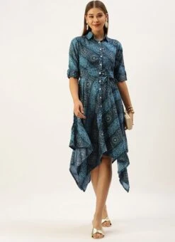 Blue Chanderi Art Silk Handkerchief Style Dress After Six Wear 10 Blue Chanderi Art Silk Handkerchief Style Dress After Six Wear -Indo Clothing Shop Blue Chanderi Art Silk Handkerchief Style Dress DRBS02203499 u 1