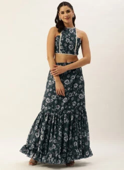 Skirt From Blue Chinon Digital Printed Co Ords Set After Six Wear -Indo Clothing Shop Blue Chinon Digital Printed Co Ords Set IWBS02302450 u