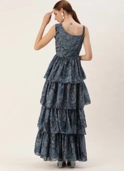 Blue Chinon Digital Printed Layered Gown Party Wear -Indo Clothing Shop Blue Chinon Digital Printed Layered Gown IWBS02307660 b