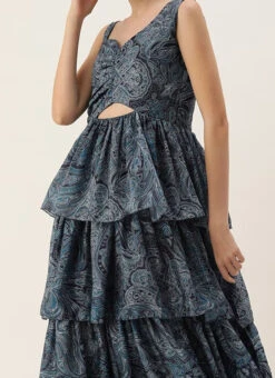 Blue Chinon Digital Printed Layered Gown Party Wear