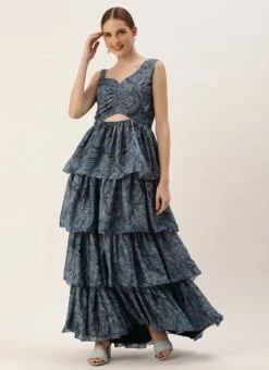Blue Chinon Digital Printed Layered Gown Party Wear -Indo Clothing Shop Blue Chinon Digital Printed Layered Gown IWBS02307660 u