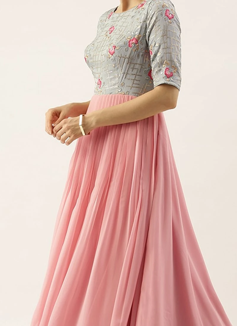 Blue Chinon Embroidered N Pink Gown Festive Wear 1 Blue Chinon Embroidered N Pink Gown Festive Wear