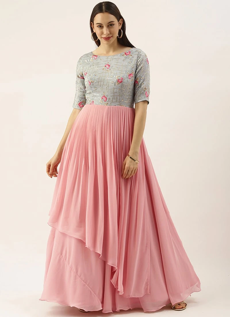Blue Chinon Embroidered N Pink Gown Festive Wear 3 Blue Chinon Embroidered N Pink Gown Festive Wear - Image 3