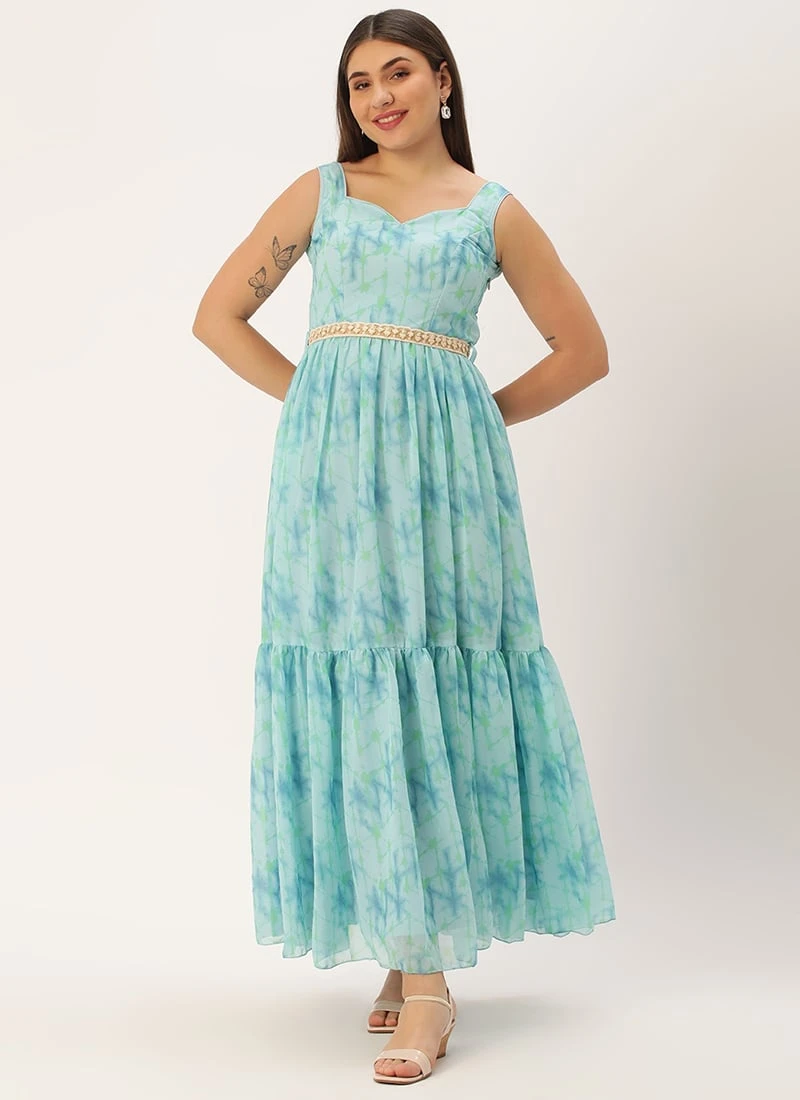 Blue Digital Print Tiered Dress Festive Wear 3 Blue Digital Print Tiered Dress Festive Wear - Image 3