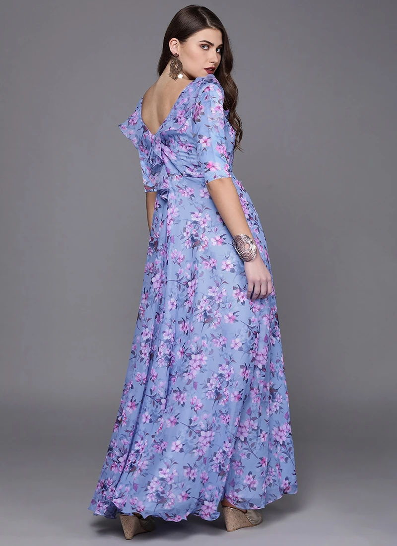 Blue Digital Print V Neck Gown Party Wear 4 Blue Digital Print V Neck Gown Party Wear - Image 4