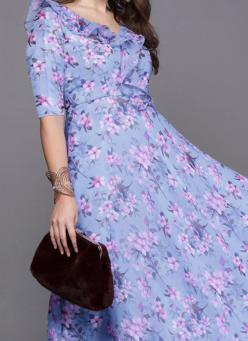 Blue Digital Print V Neck Gown Party Wear 1 Blue Digital Print V Neck Gown Party Wear