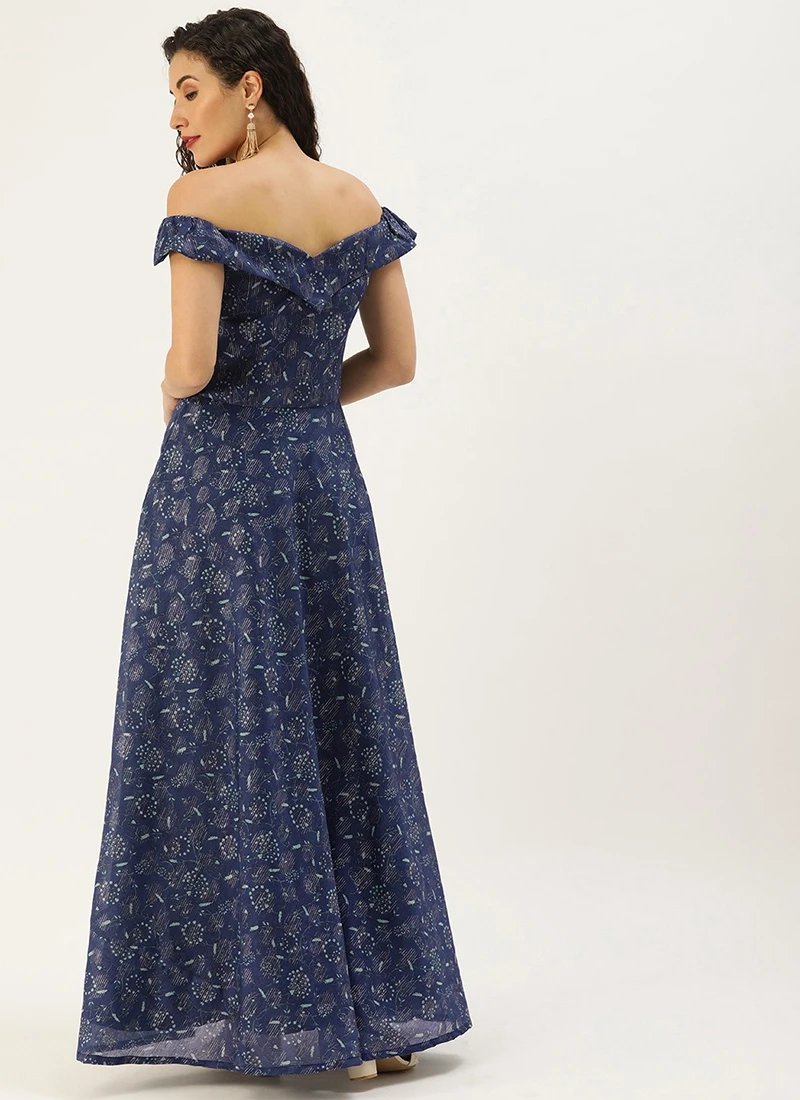 Blue Digital Printed Art Silk Off Shoulder Dress After Six Wear 4 Blue Digital Printed Art Silk Off Shoulder Dress After Six Wear - Image 4