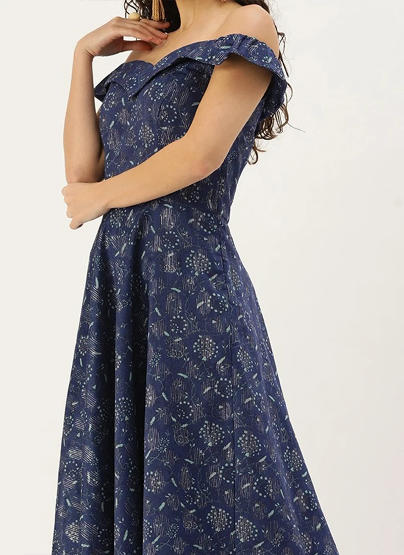 Blue Digital Printed Art Silk Off Shoulder Dress After Six Wear 1 Blue Digital Printed Art Silk Off Shoulder Dress After Six Wear