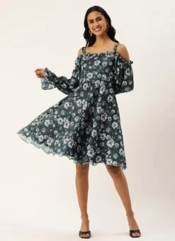 Blue Digital Printed Chinon Dress Party Wear -Indo Clothing Shop Blue Digital Printed Chinon Dress DRBS02308892 u