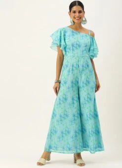 Blue Digital Printed Georgette Jumpsuit After Six Wear -Indo Clothing Shop Blue Digital Printed Georgette Jumpsuit DRBS02304086 u