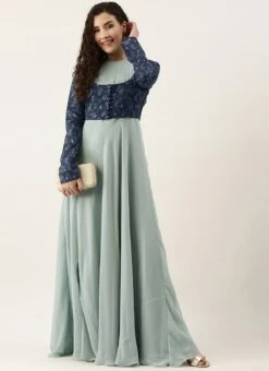 Blue Digital Printed Jacket Slit Style Dress Festive Wear -Indo Clothing Shop Blue Digital Printed Jacket Slit Style Dress DRBS02110014 u