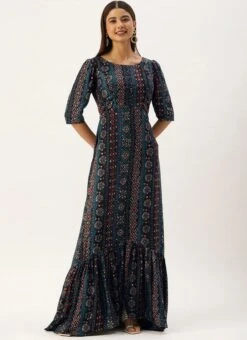 Blue Digital Printed Maxi Dress Party Wear -Indo Clothing Shop Blue Digital Printed Maxi Dress DRBS02110966 u