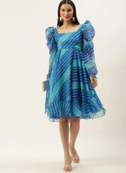 Blue Digital Printed Organza Dress Party Wear After Six Wear -Indo Clothing Shop Blue Digital Printed Organza Dress DRBS02205866 u